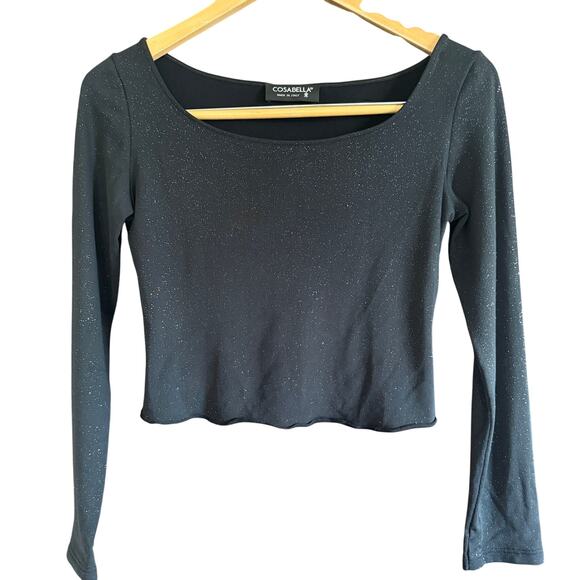COSABELLA | Black Sparkly Cropped Long Sleeve Top Glitter Baby Tee | Medium - Picture 1 of 6